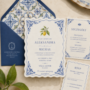 Zaproszenie ślubne Amalfi Blu – włoskie wybrzeże – aranżacja papeterii z kolekcji La Dolce Vita.