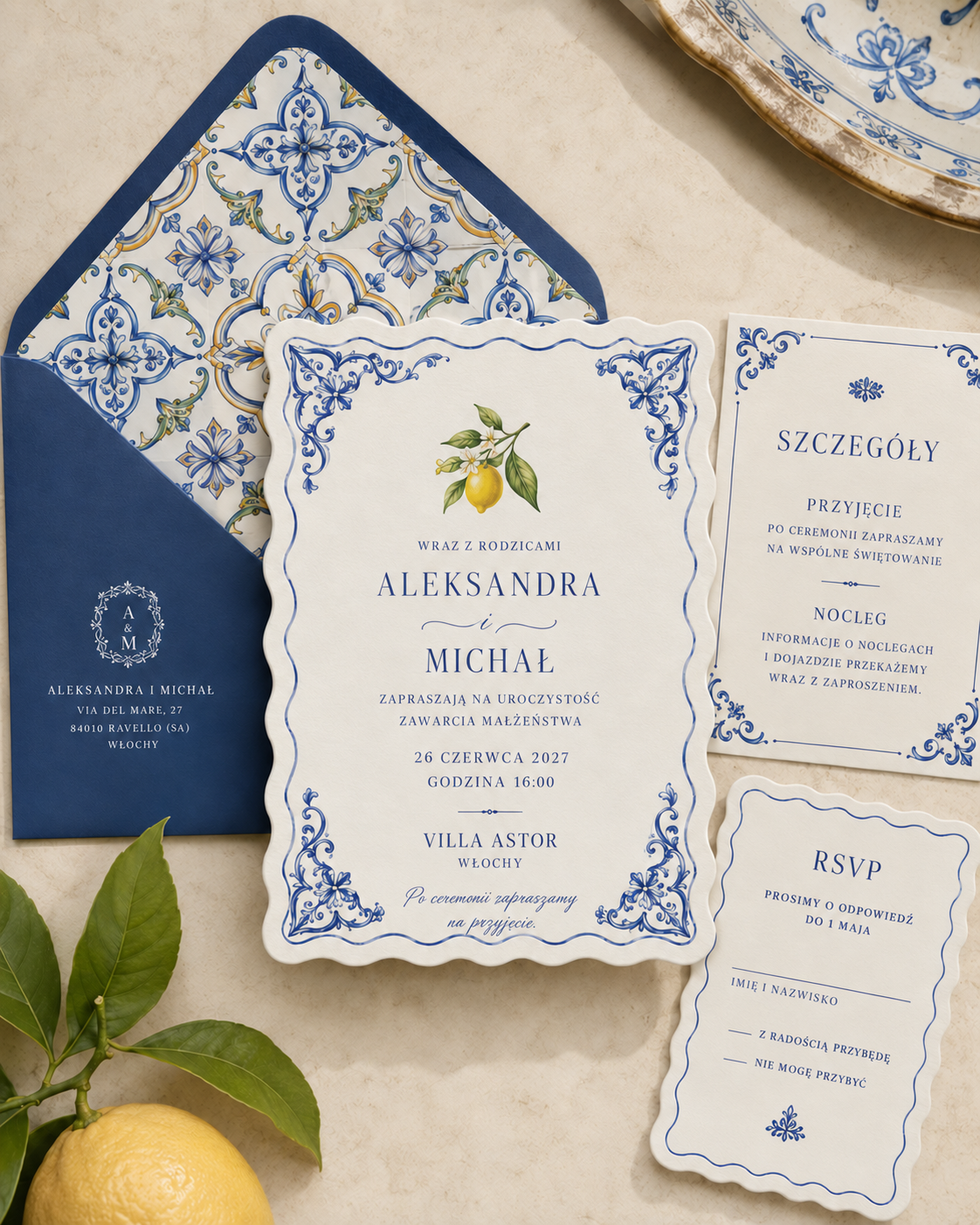 Zaproszenie ślubne Amalfi Blu – włoskie wybrzeże – aranżacja papeterii z kolekcji La Dolce Vita.