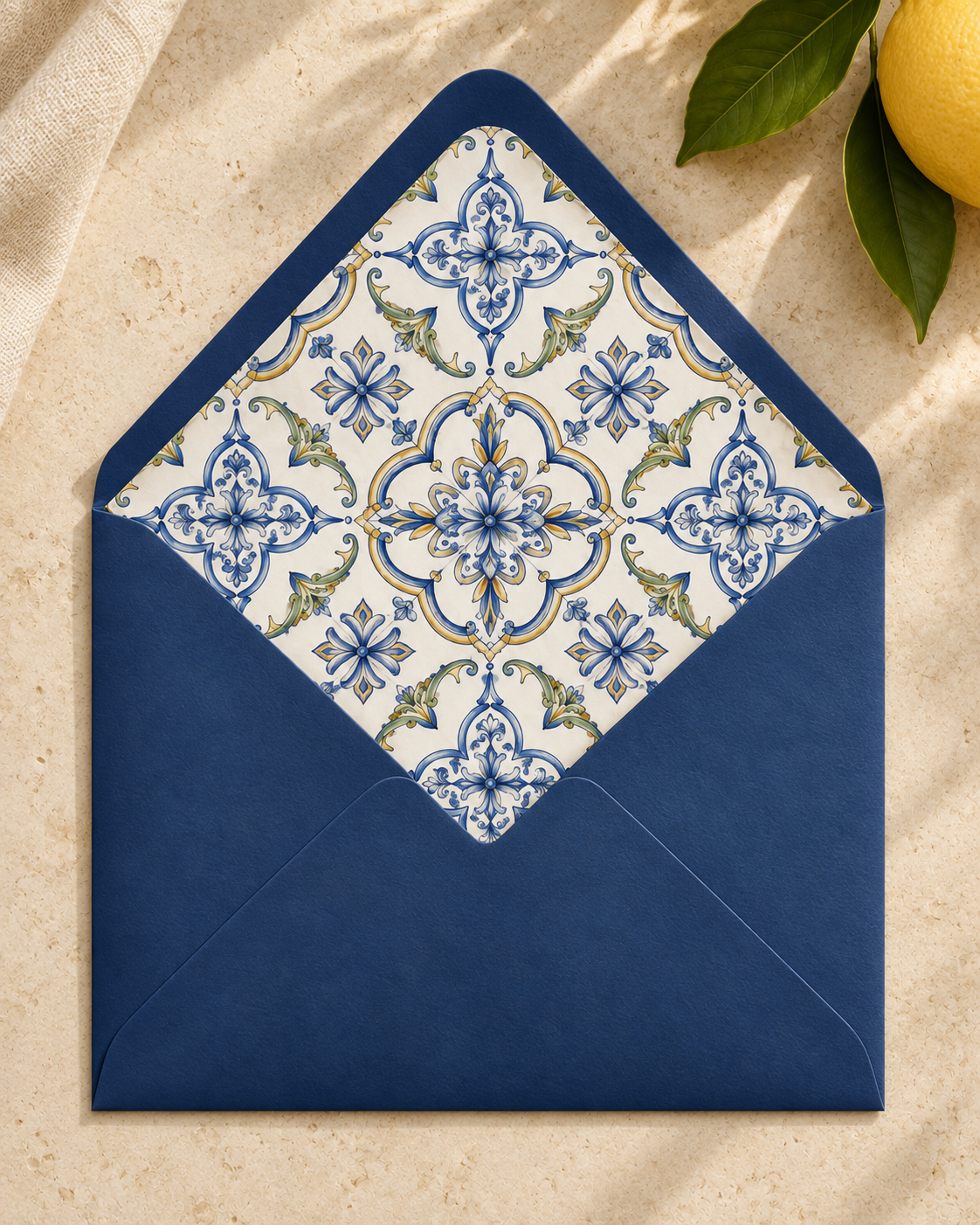 Granatowa koperta z ozdobnym wyłożeniem w niebieski ornament majoliki — wizualizacja Amalfi Blu