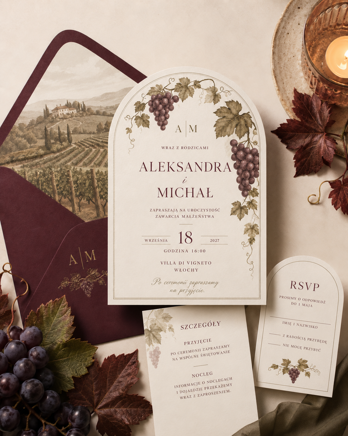 Zaproszenie ślubne Vendemmia Toscana – włoska winnica – aranżacja papeterii z kolekcji La Dolce Vita.