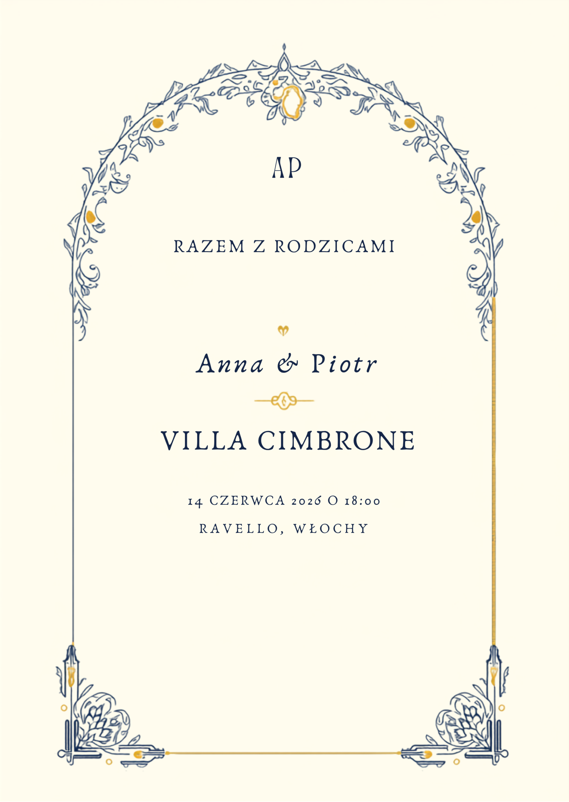 Zaproszenie ślubne Amalfi Blu – łukowata kobaltowa rama inspirowana kaflami majolika, akcent cytryny na tle ivory, klimat wybrzeża Amalfi